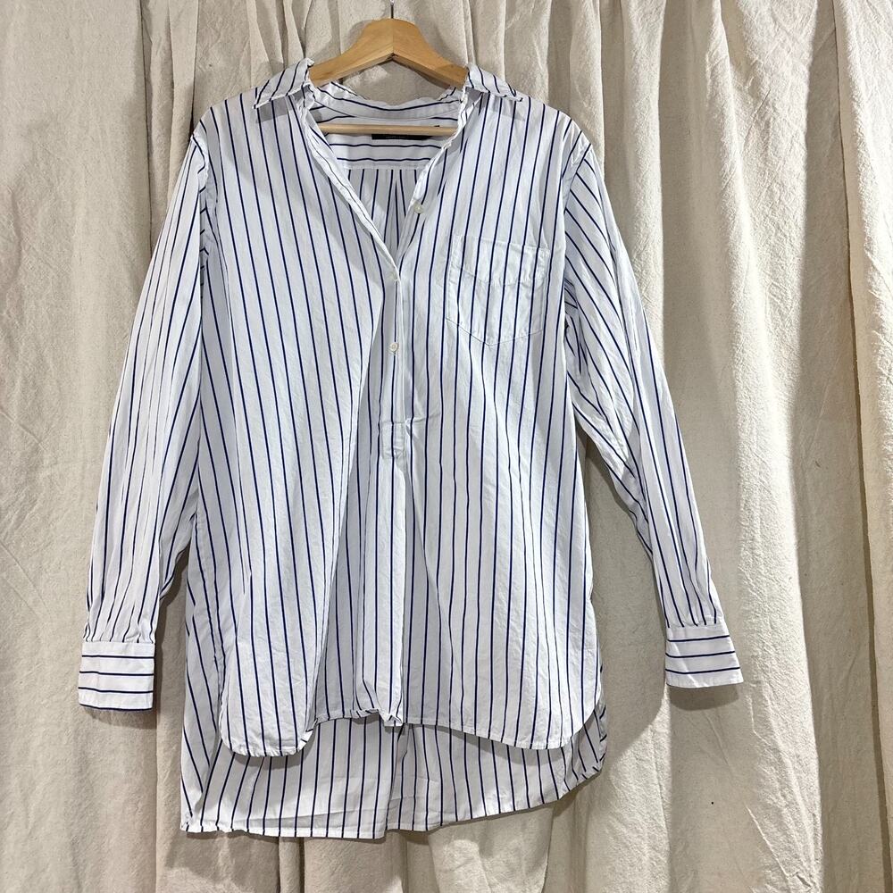 Lauren Ralph Lauren Stripe Cotton Tunic Blouse White Navy L Coastal Summer